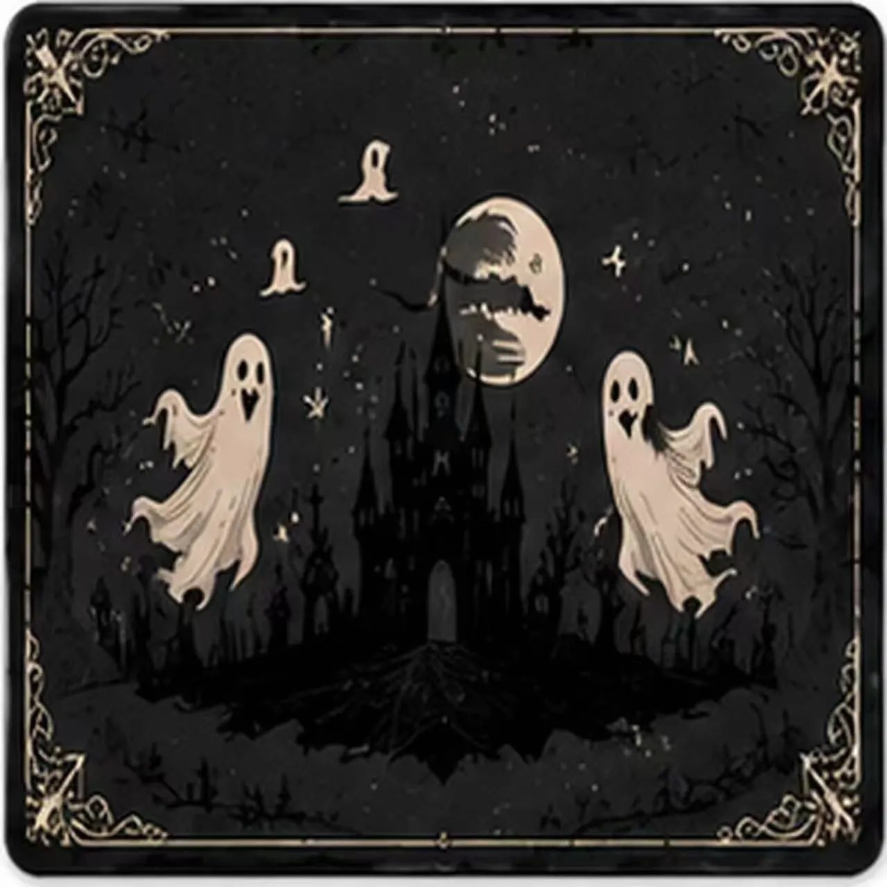 Halloween mahjong table cover — ghosts and castle under a full moon
