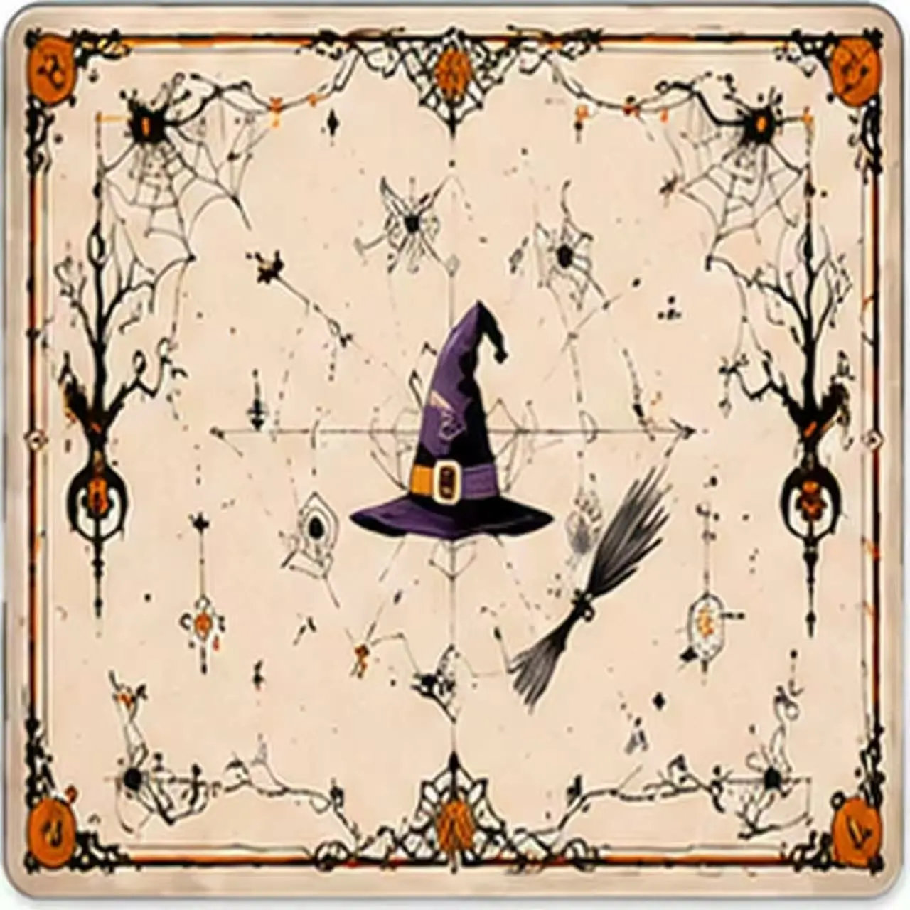Halloween mahjong table cover — witch hat and broom on a cream field