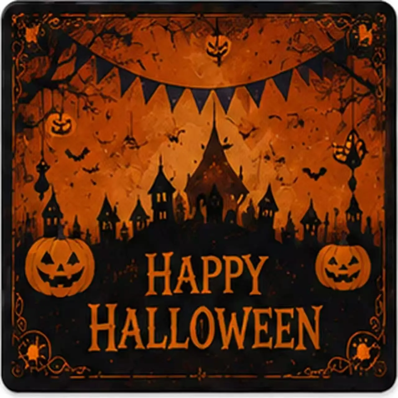 Halloween mahjong table cover — orange pumpkin town and Happy Halloween lettering