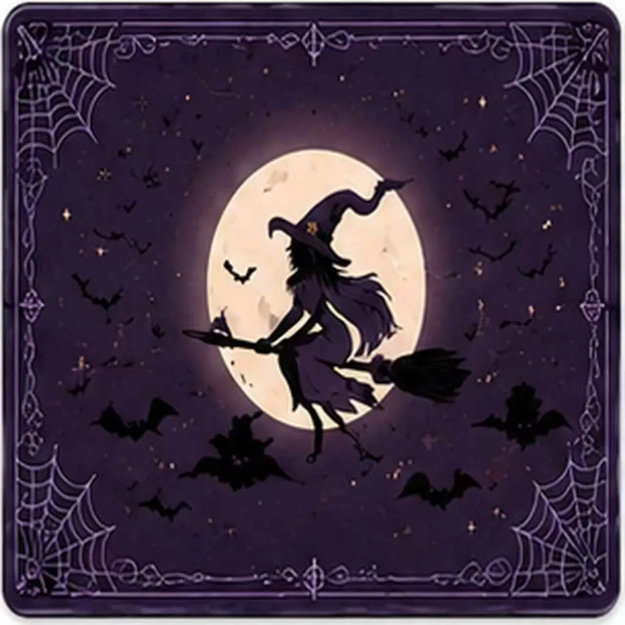 Halloween mahjong table cover — witch flying across a purple moon