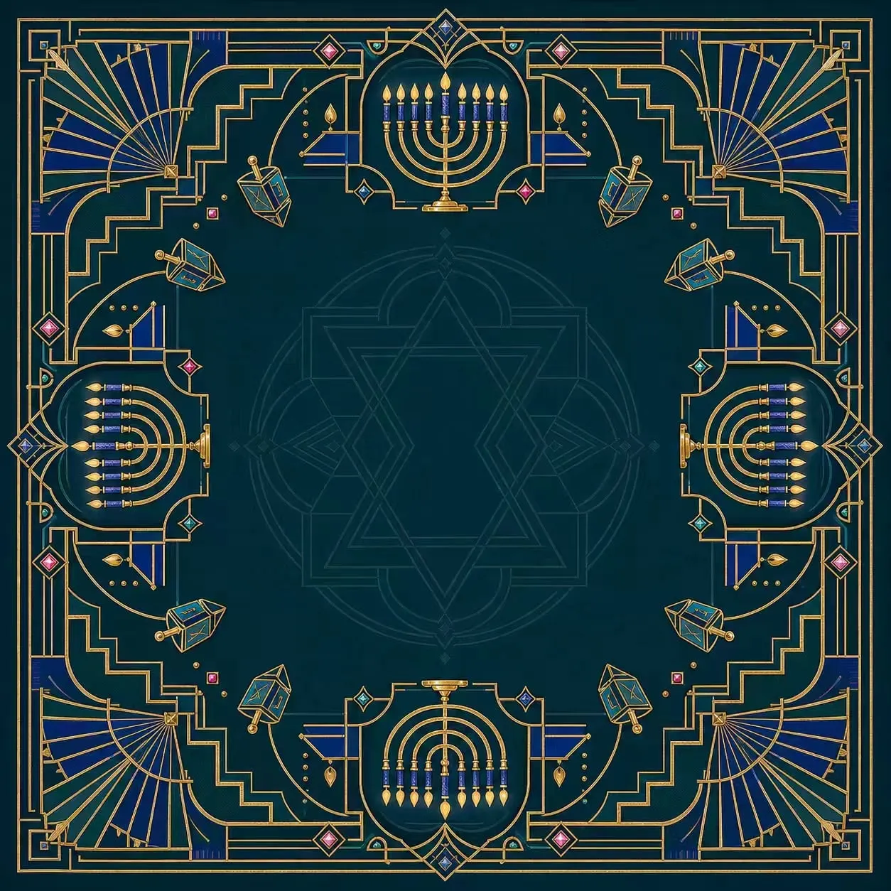 Hanukkah mahjong table cover — navy and gold Art Deco menorah frame