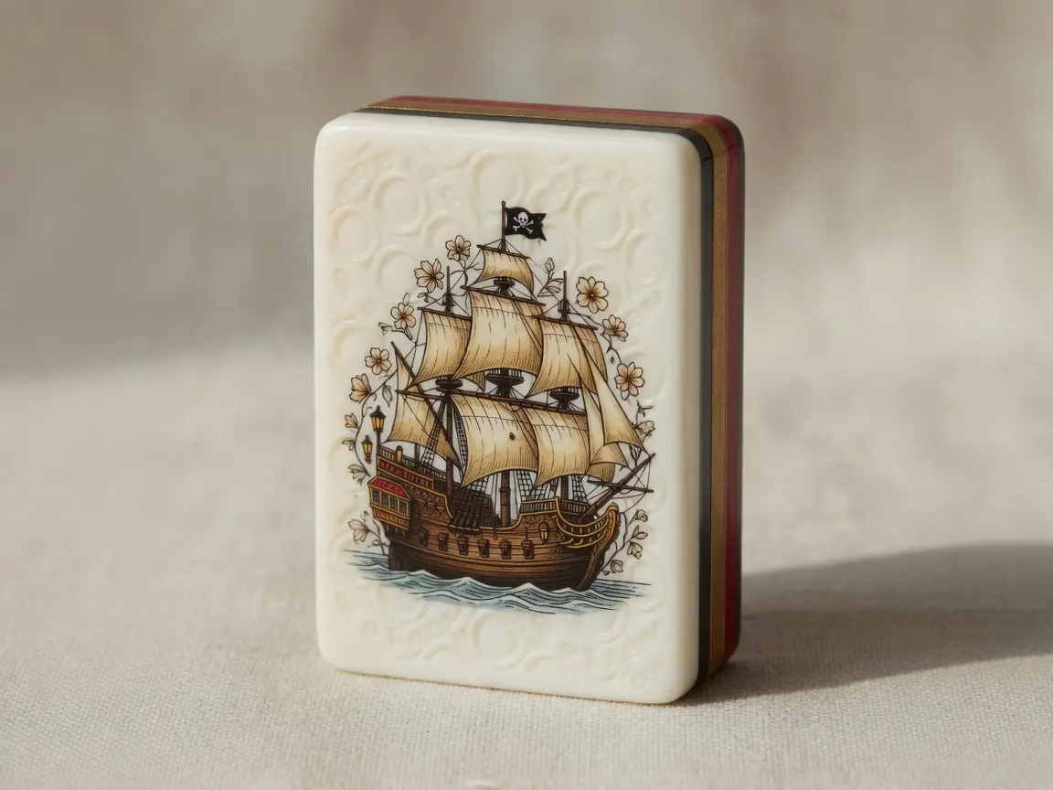 Pirate Seas custom American Mah Jongg tile — ship flower face, multi-layer acrylic