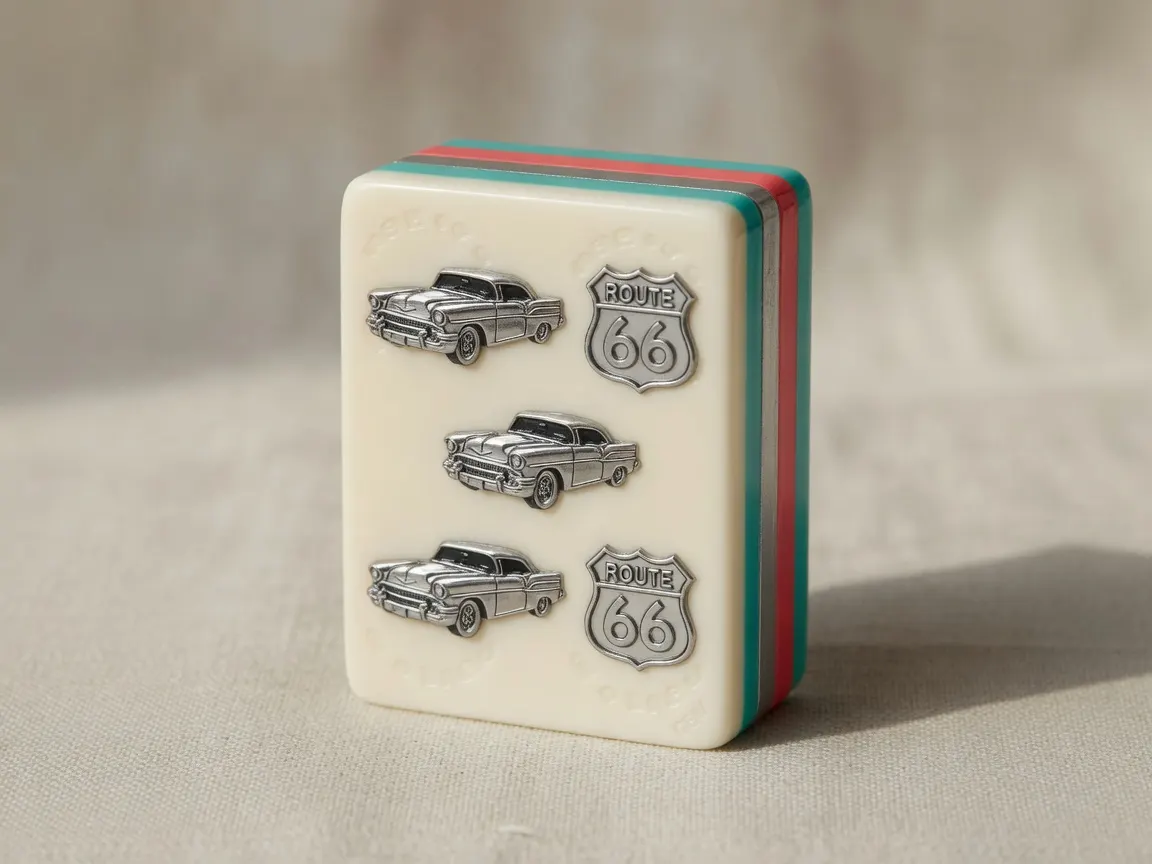 Route 66 Retro custom American Mah Jongg tile — turquoise coral multi-layer acrylic