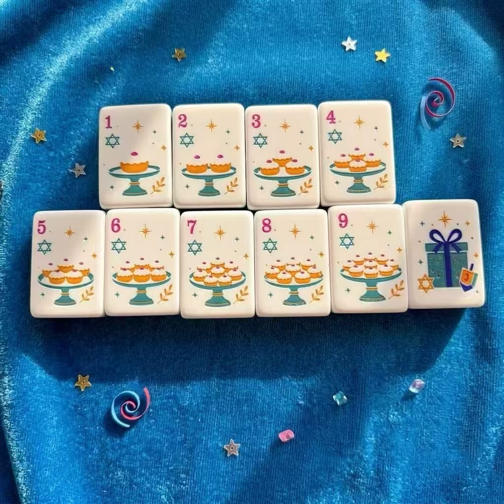 Festival Celebration dots 1–9 — sufganiyot on cake stands with rank numerals