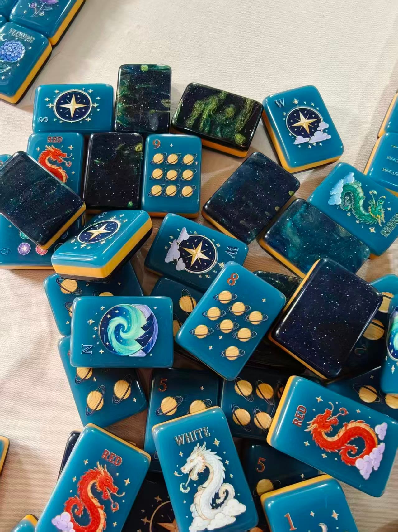 Midnight Galaxy dragons and winds — red and white dragons, compass-star winds, galaxy backs