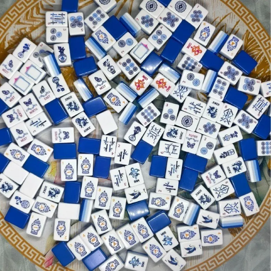 Blue-and-white porcelain American Mah Jongg tiles — vase and blossom faces, four-layer blue acrylic