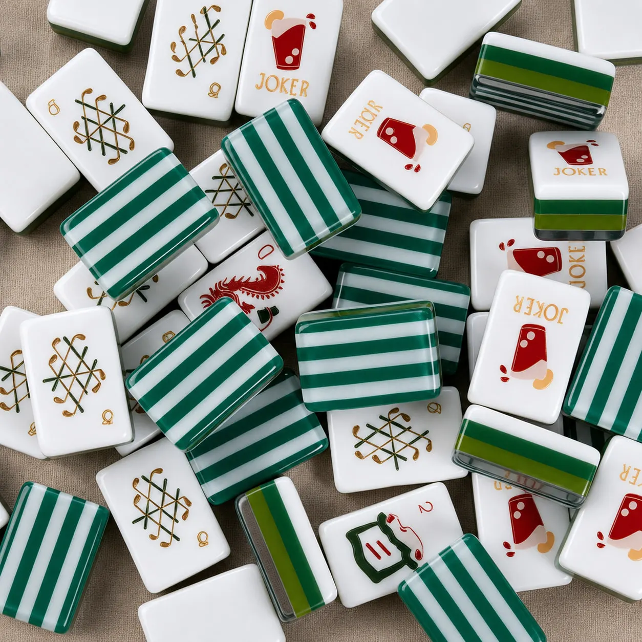 Fairway Club golf American Mah Jongg set — green striped backs, crossed clubs, and beer-glass jokers