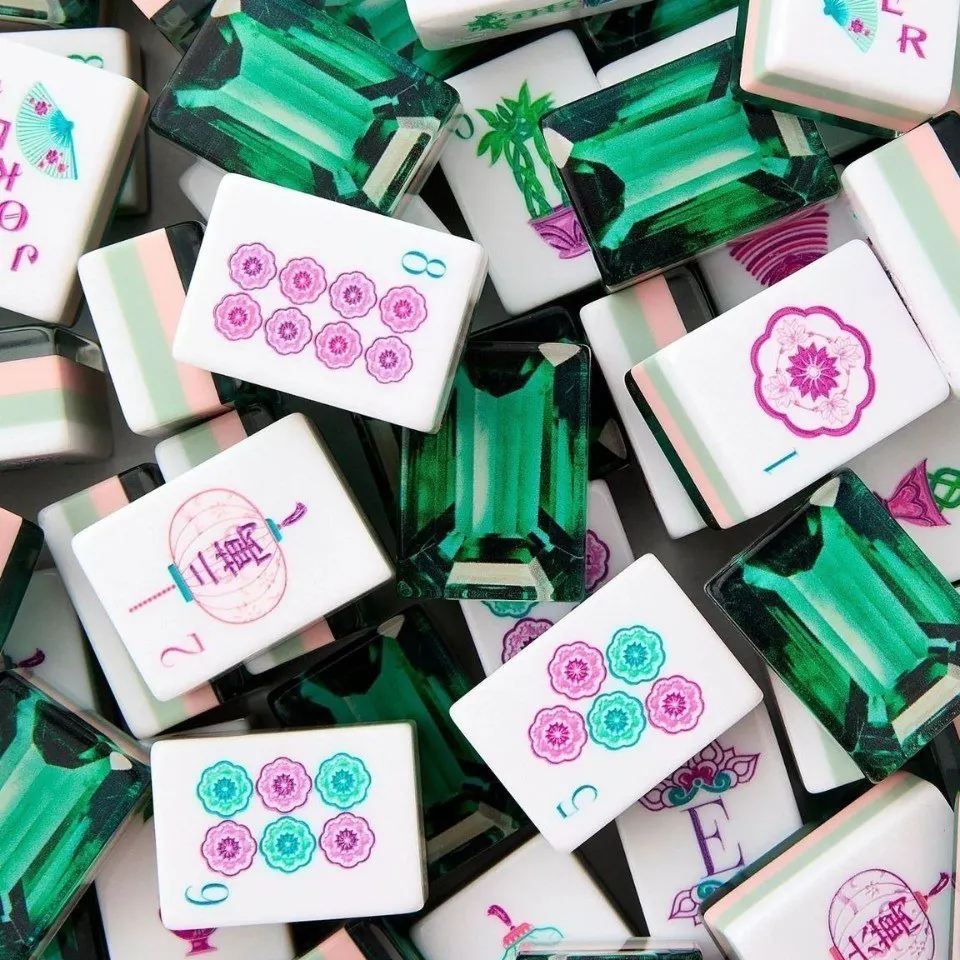 Green Crystal American Mah Jongg tiles — emerald crystal tiles beside pink floral faces