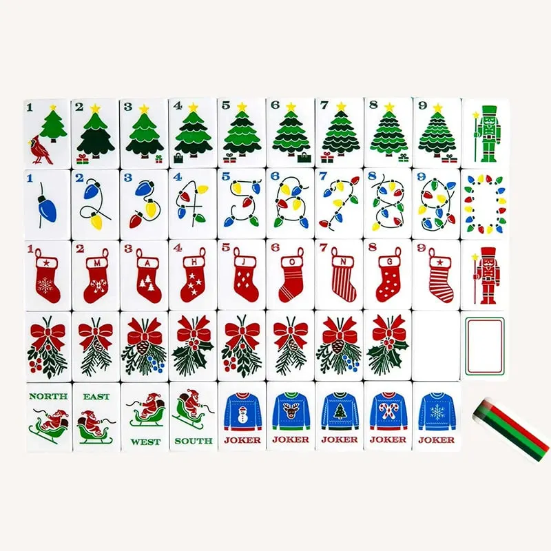 Holiday Lights Christmas American Mah Jongg set — Christmas trees, string lights, and sweater jokers