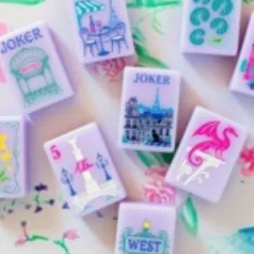 Purple Paris American Mah Jongg tiles — Eiffel Tower and café faces on lavender acrylic