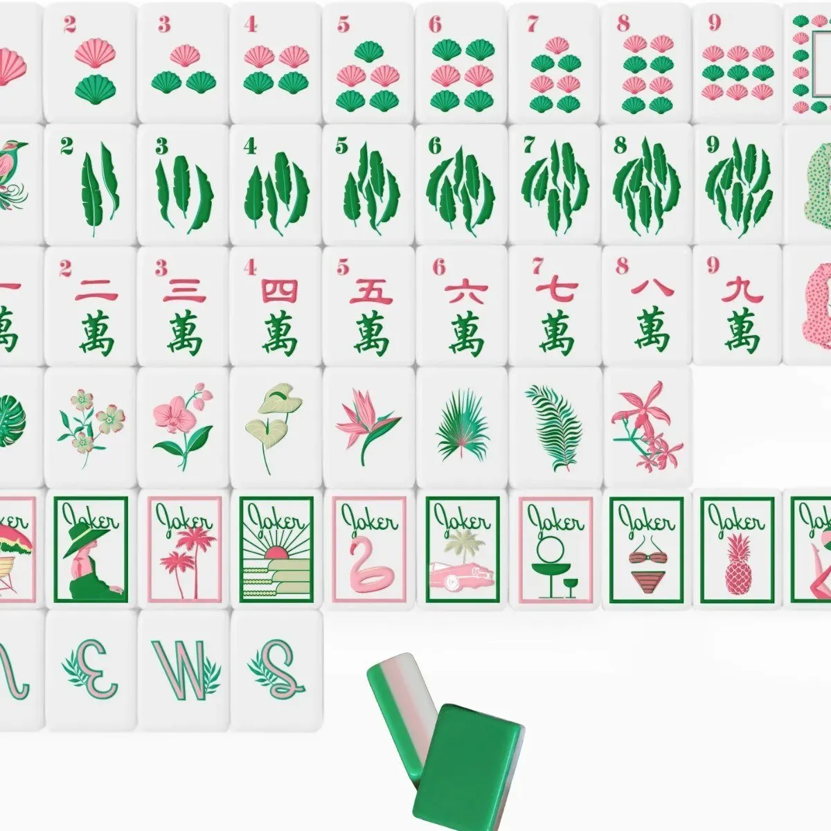 Tropical Shore American Mah Jongg tiles — shells, palm leaves, and resort jokers on four-layer acrylic